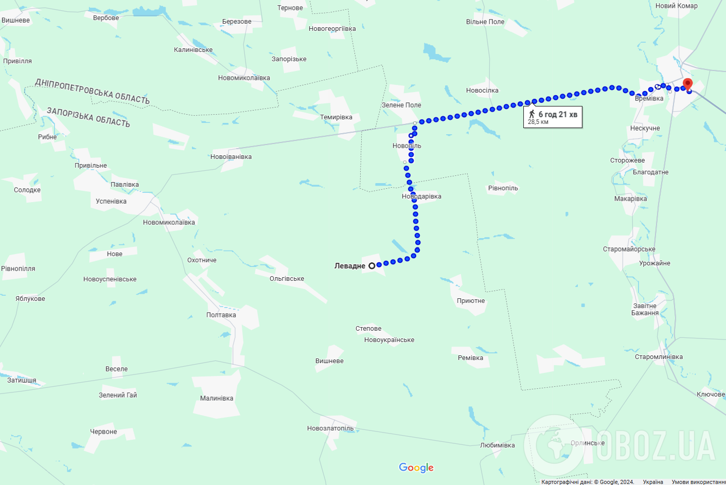 Маршрут от Левадного до Великой Новоселки