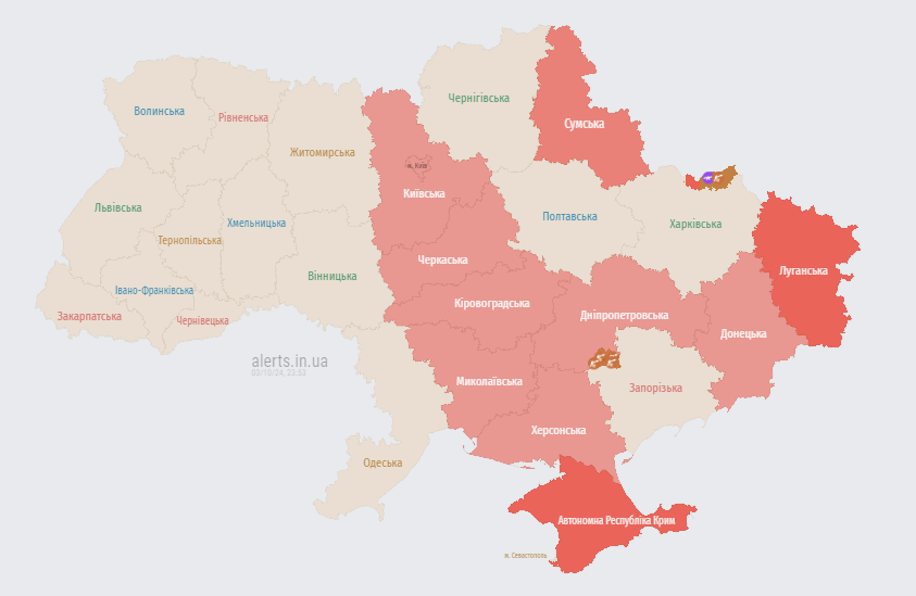 Карта тривоги в Україні о 23:59.