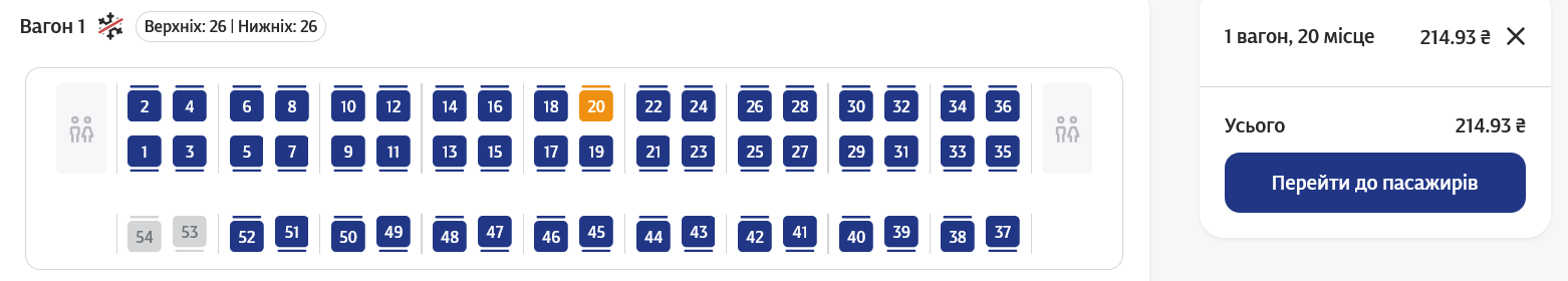 Квитки на поїзд №239/240 Київ – Кам'янець-Подільський (рейс з Києва) продаються у вагони класу плацкарт, купе та люкс