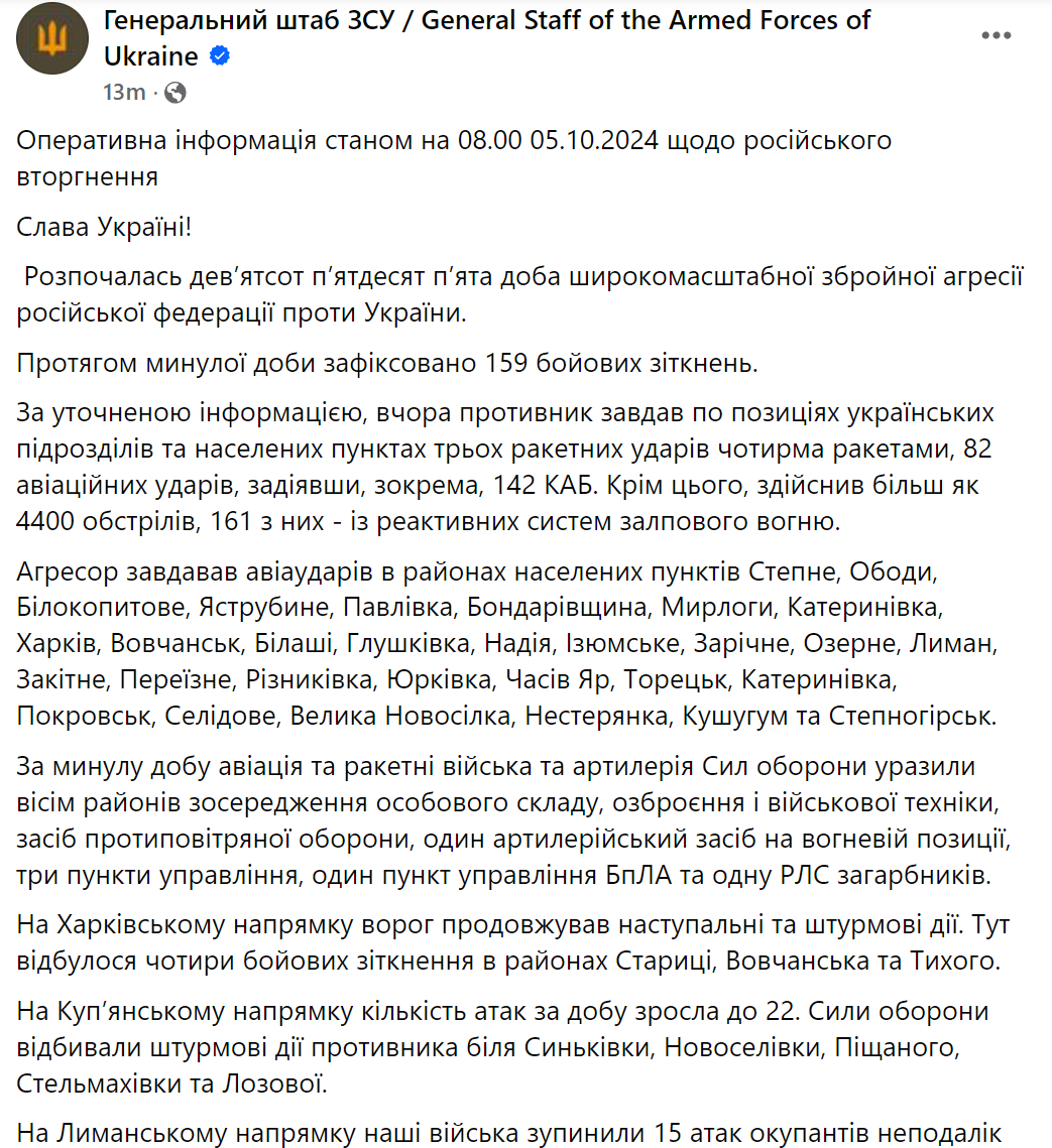 На фронті за добу сталося 159 бойових зіткнень: у Генштабі розповіли, де було найгарячіше