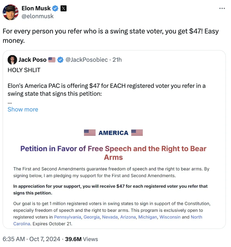 Маск предлагает избирателям в "колеблющихся" штатах деньги за поддержку протрамповской петиции: о каких суммах идет речь