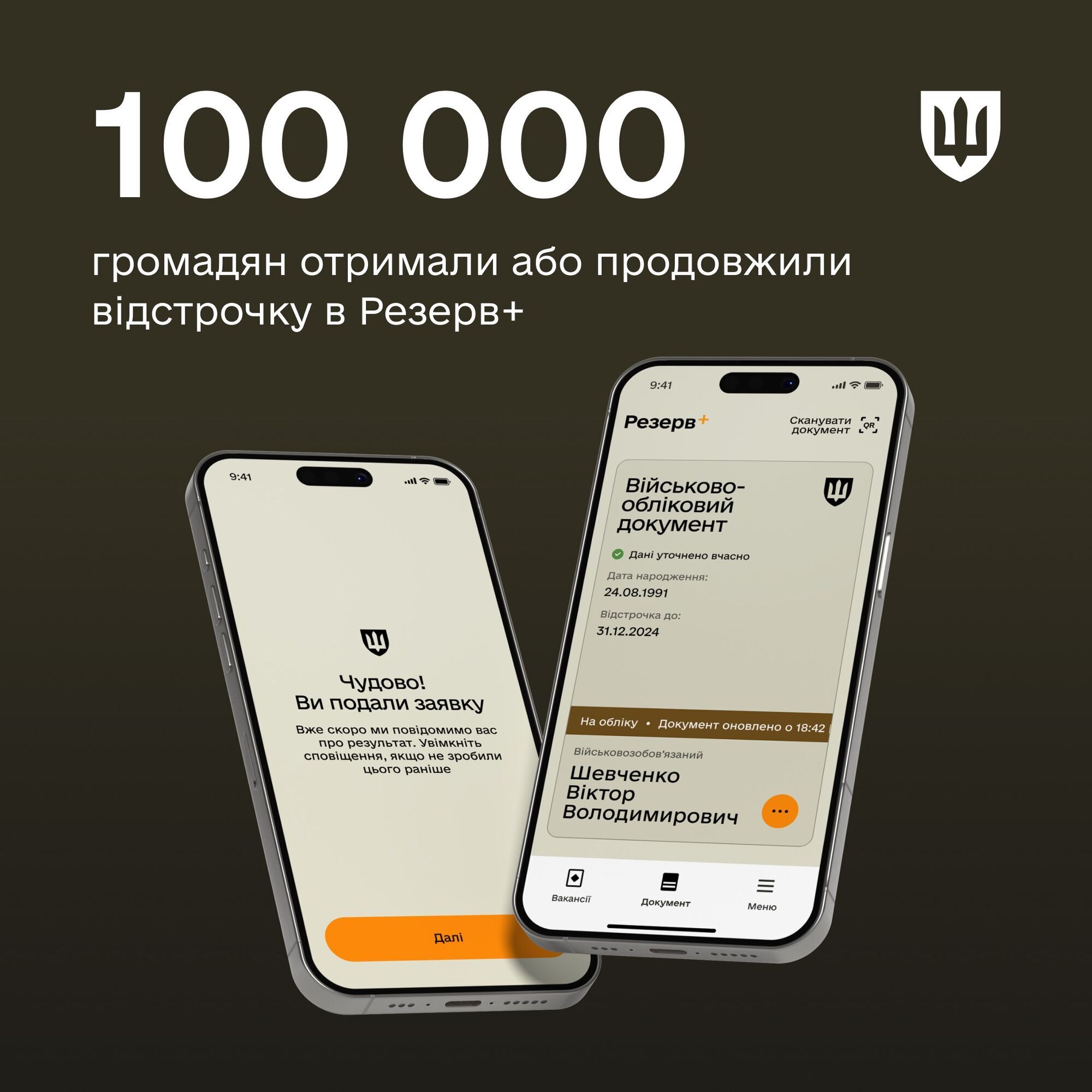Вже 100 000 українців поновили та отримали відстрочки від мобілізації через Резерв+.