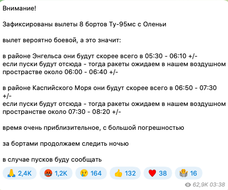 Россия поднимала в воздух группу самолетов Ту-95МС и МиГ-31К, но пусков не было: враг проводил тренировки