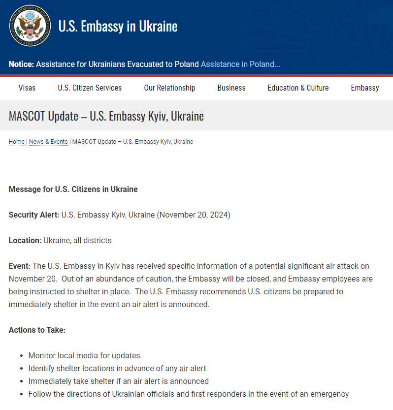 Россия может нанести мощный удар по Украине 20 ноября: посольство США в Киеве сделало предупреждение, в ЦПД отреагировали