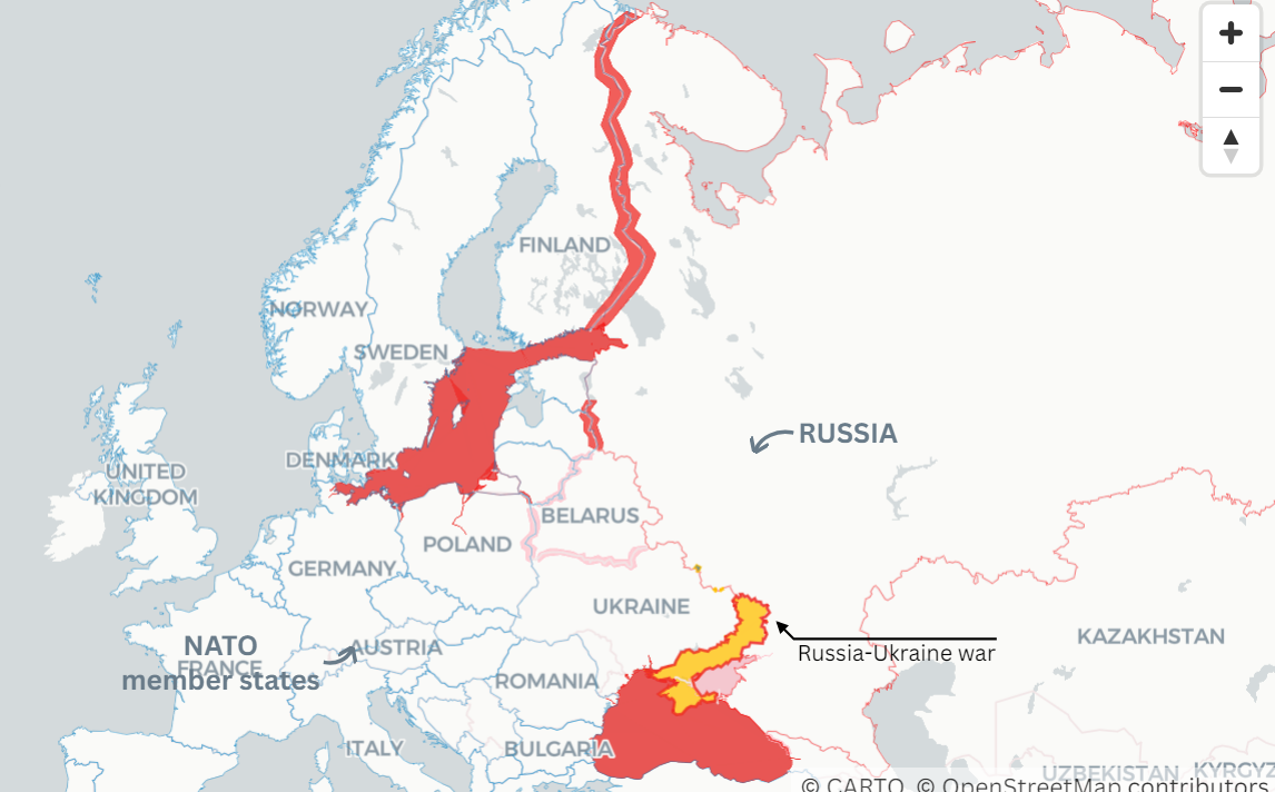 Появилась карта возможных фронтов Третьей мировой войны в случае вторжения РФ в Европу