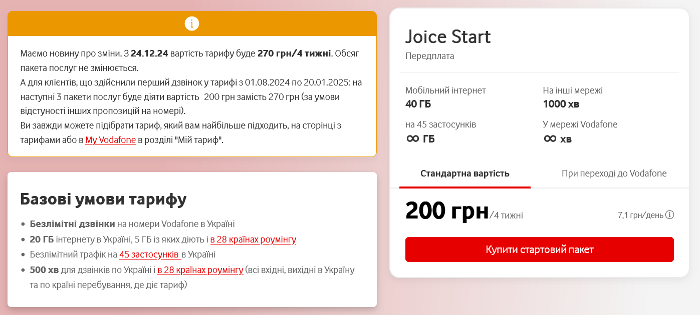 Тариф Joice Start подорожчає на 70 грн