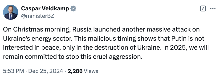 "Путін не зацікавлений у мирі": у Нідерландах засудили російський ракетний обстріл України на Різдво
