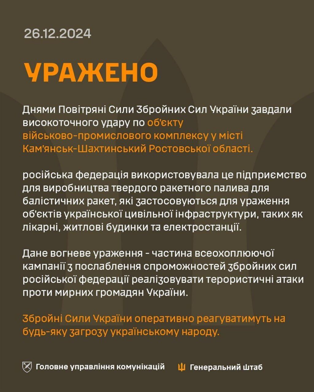 У ЗСУ підтвердили удар по підприємству у Ростовській області, де виробляли паливо для ракет