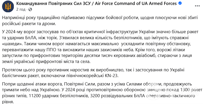 "Щодня плюсуємо нові збиті цілі": скільки ракет і дронів збили сили ППО у 2024 році