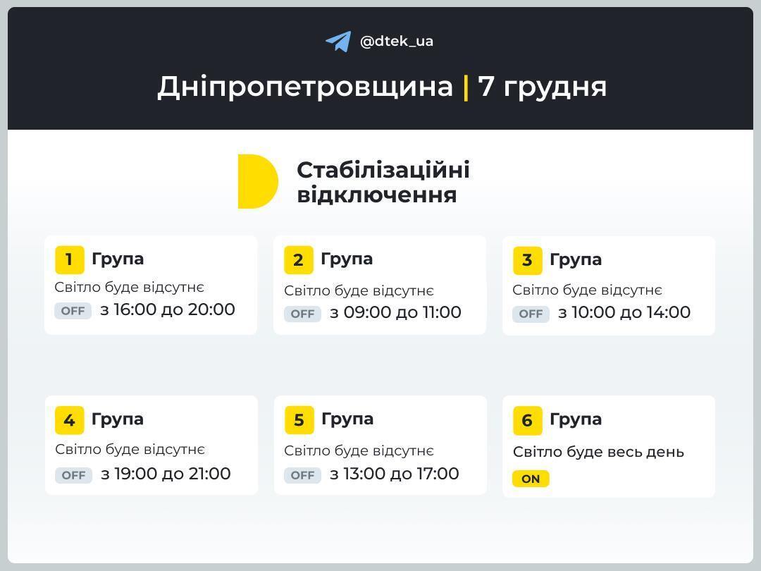 Як відключатимуть світло у Дніпропетровській області 7 грудня.