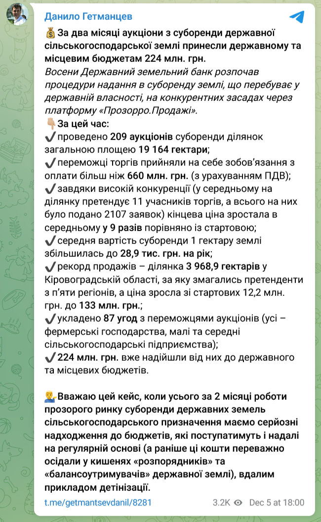 Предоставление в субаренду находящейся в государственной собственности земли уже принесло государственным и местным бюджетам 224 млн грн