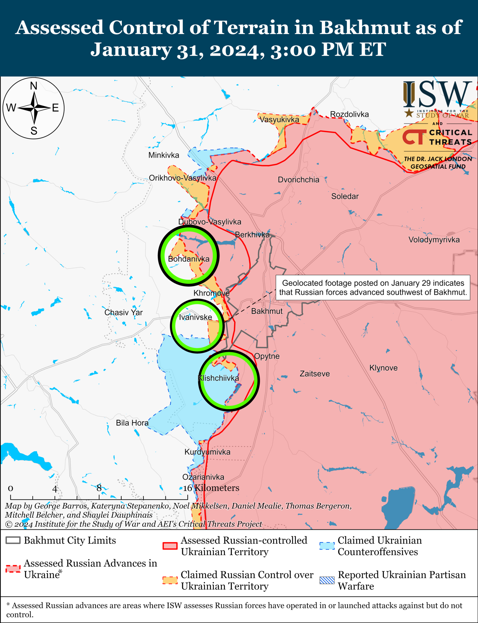 Оккупанты продвинулись в районе Бахмута, на левобережье Херсонщины продолжаются позиционные бои: анализ ISW. Карта