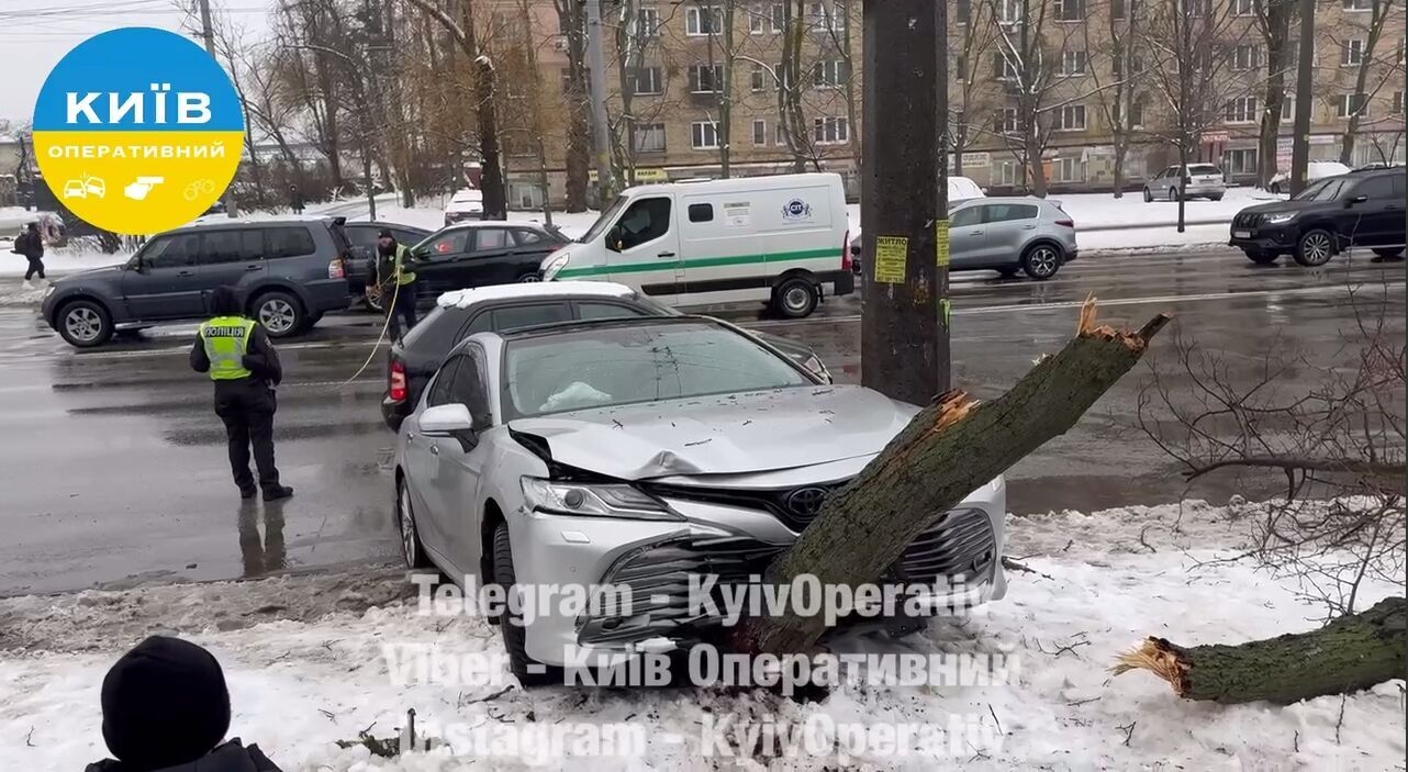 Остановило дерево: в Киеве Toyota, после столкновения с легковушкой, едва не влетела в остановку. Видео