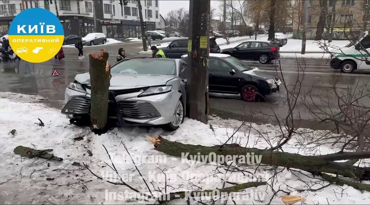 Зупинило дерево: у Києві Toyota, після зіткнення з легковиком, ледь не влетіла в зупинку. Відео