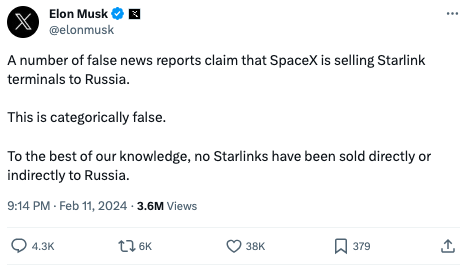 "Насколько мне известно, это категорическая неправда": Маск опроверг поставки систем Starlink в Россию