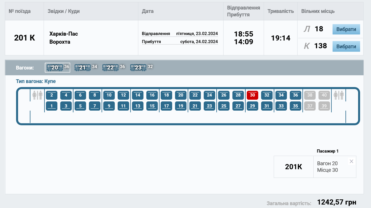Цена купейных билетов поезда из Харькова в Ворохту