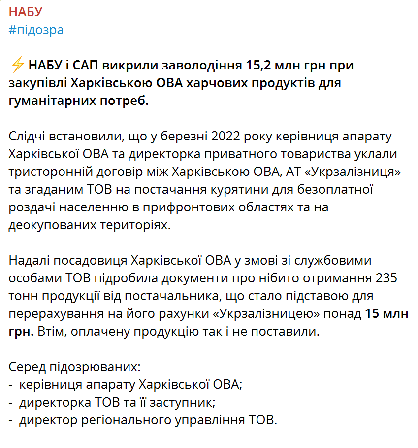 Чиновників Харківської ОВА викрили на дерибані 15,2 млн грн при закупівлі гуманітарки. Фото 