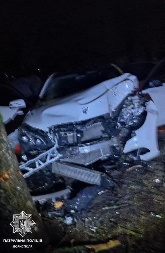Водитель заснул за рулем: под Киевом Mercedes на скорости протаранил дерево. Фото