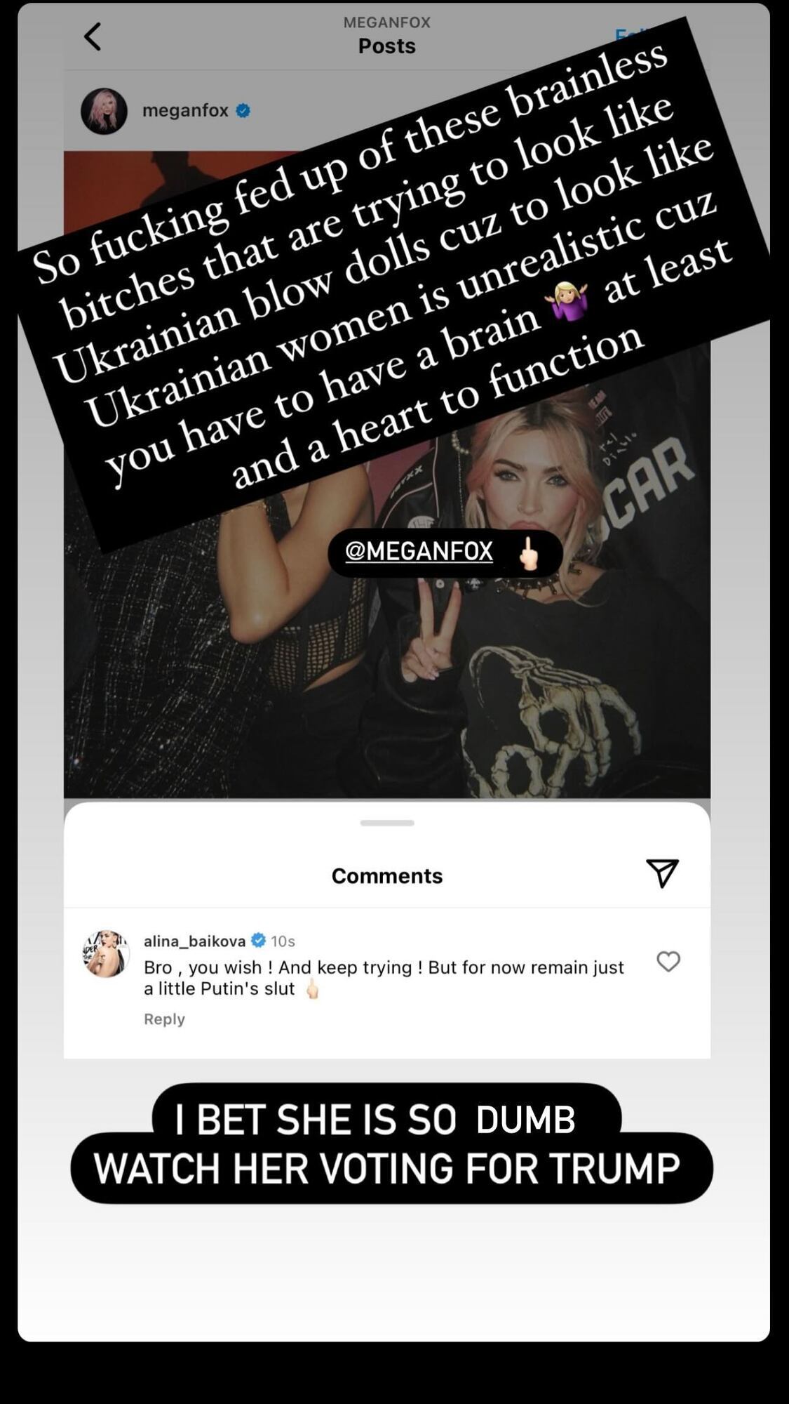 Супермодель Алина Байкова назвала Меган Фокс "путинской шл*хой" после бестолковой шутки актрисы об украинках