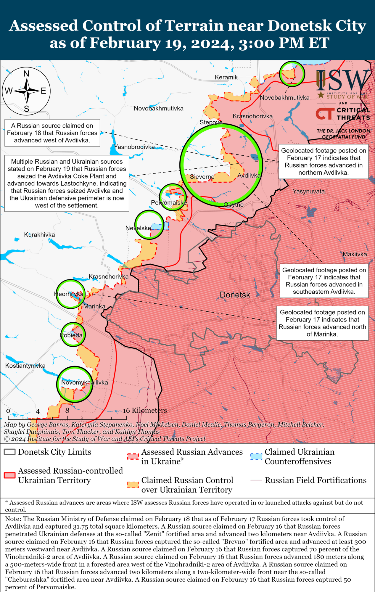 Россия резко снизила темп наступательных операций под Авдеевкой после захвата города: в ISW объяснили, что происходит. Карта