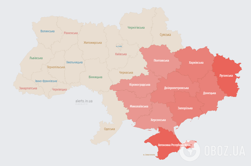 Карта тривоги в Україні станом на 21:10