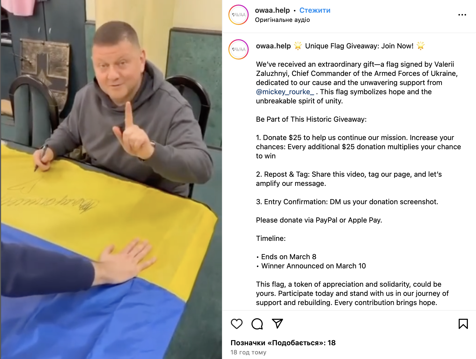 Мікі Рурк показав відео з Залужним і закликав усіх донатити Україні