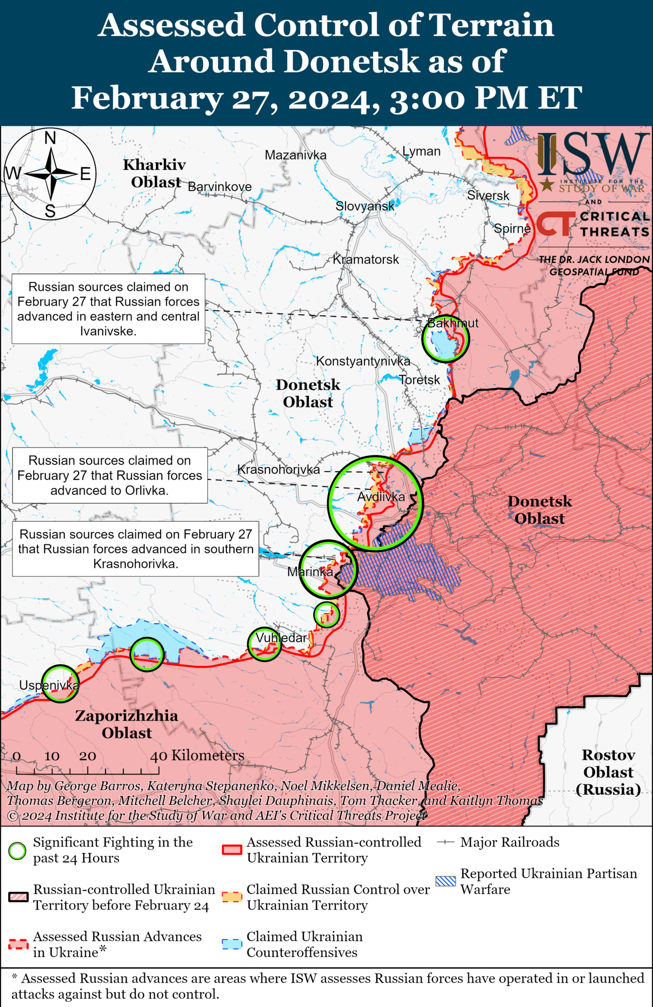 Войска РФ пытаются воспользоваться тактическими возможностями после захвата Авдеевки – ISW