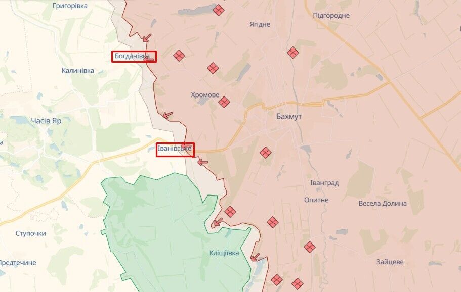 На Бахмутському напрямку у межах сіл Богданівка та Іванівське йдуть бої: в ОСУВ "Хортиця" розповіли про ситуацію. Карта 
