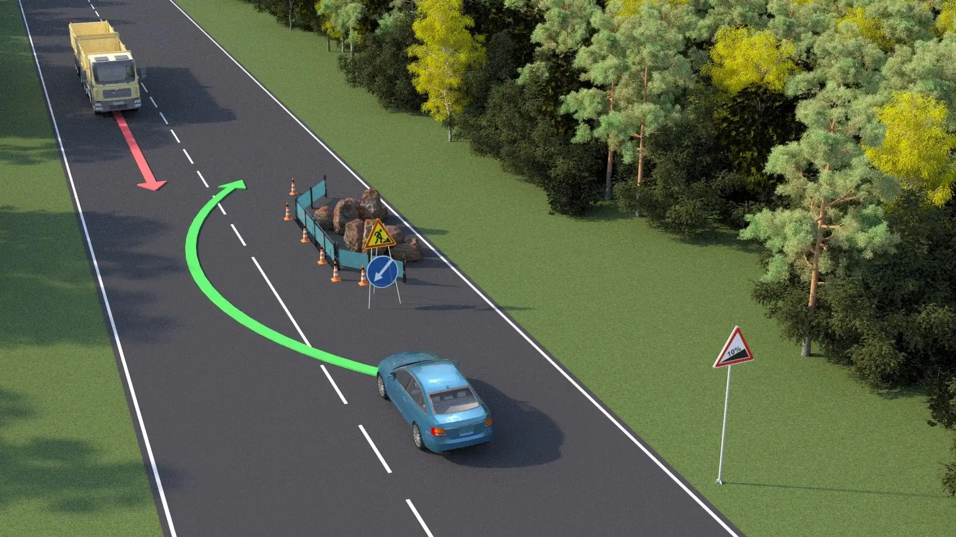 Как правильно осуществить встречный разъезд на дороге с препятствием: задачи по ПДД