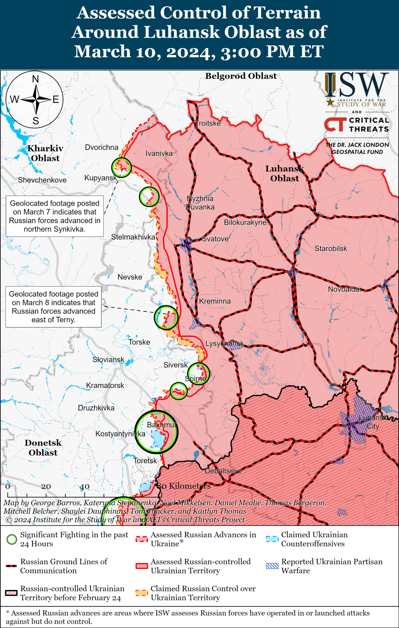 Карта лінії фронту в Харківській і Луганській областях.