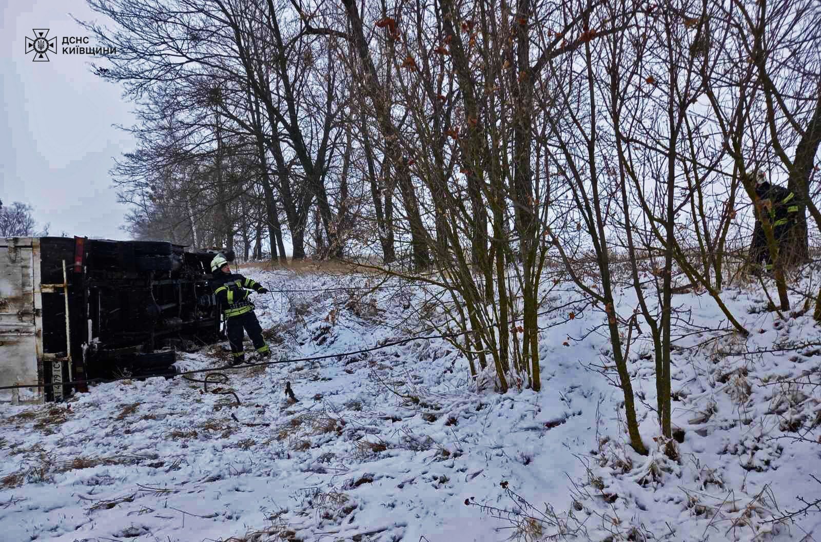 На Київщині вантажівка через косулю вилетіла в кювет та перекинулась. Фото