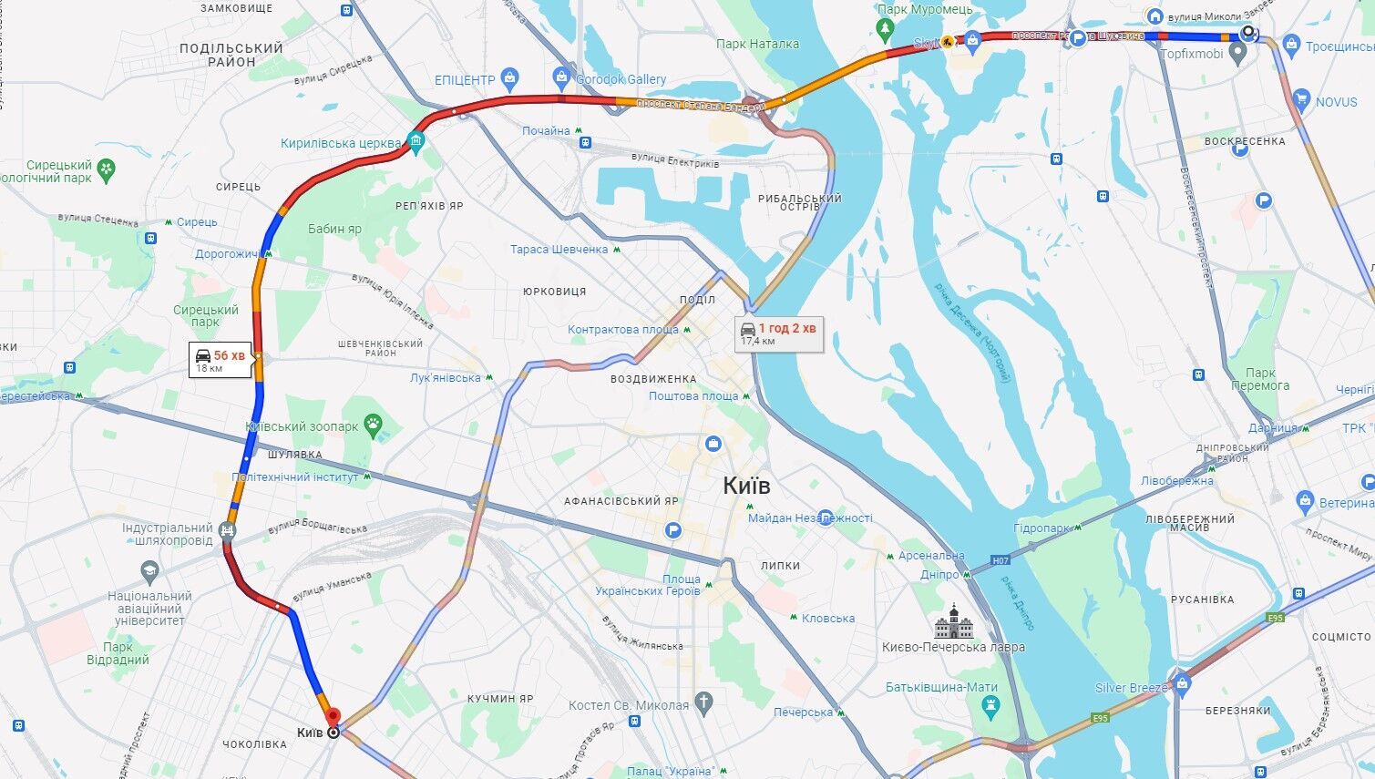 У Києві зранку виникло кілька великих заторів: де не проїхати. Карта 