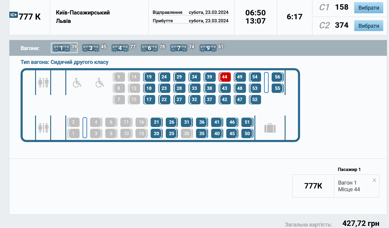 Во 2 класс поезда Киев – Львов билеты стоят 427,72 грн
