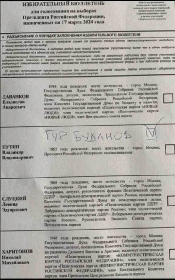 "За мир", "Нет войне", "ГУР Буданов": росіяни масово псують бюлетені на "виборах" президента. Фото