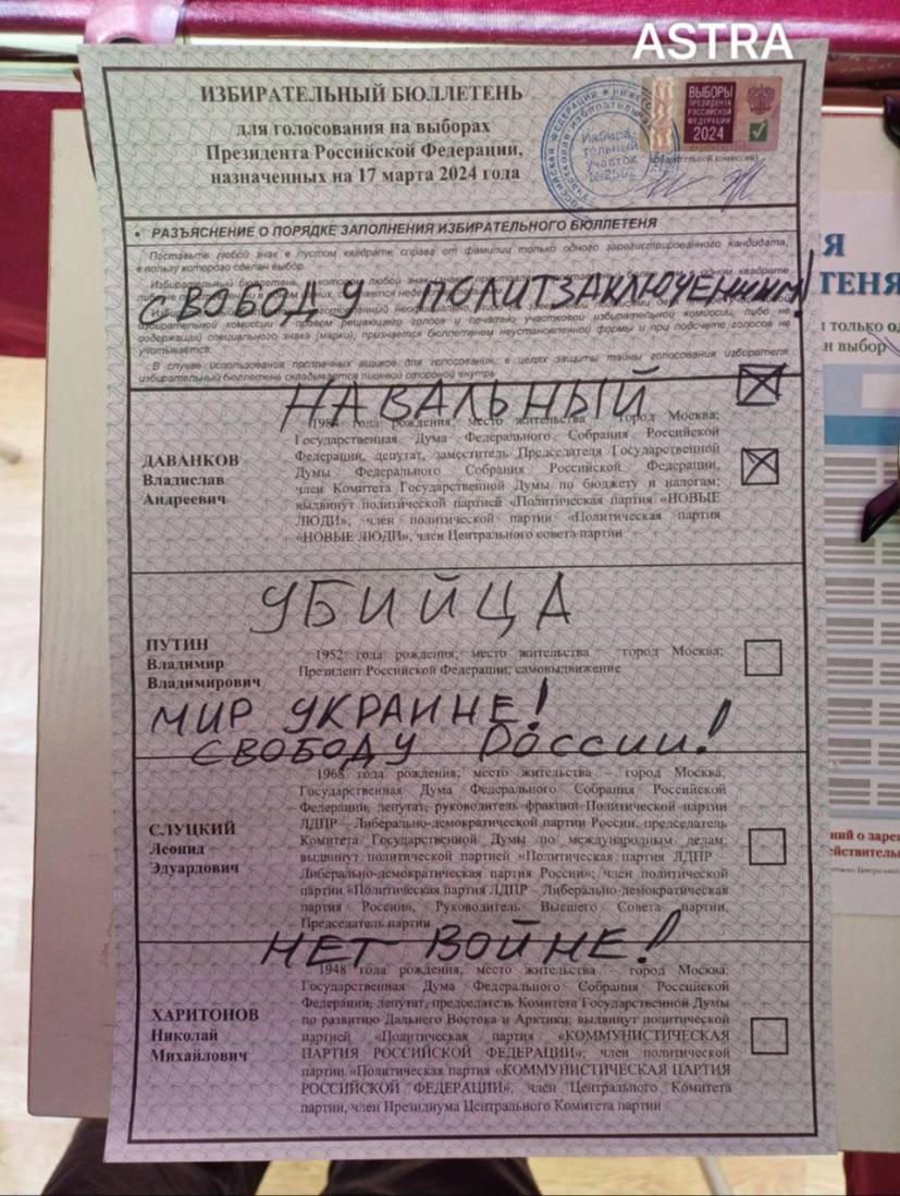 "Путін – вбивця, Ні – війні!" Що росіяни писали на зіпсованих бюлетенях: фото