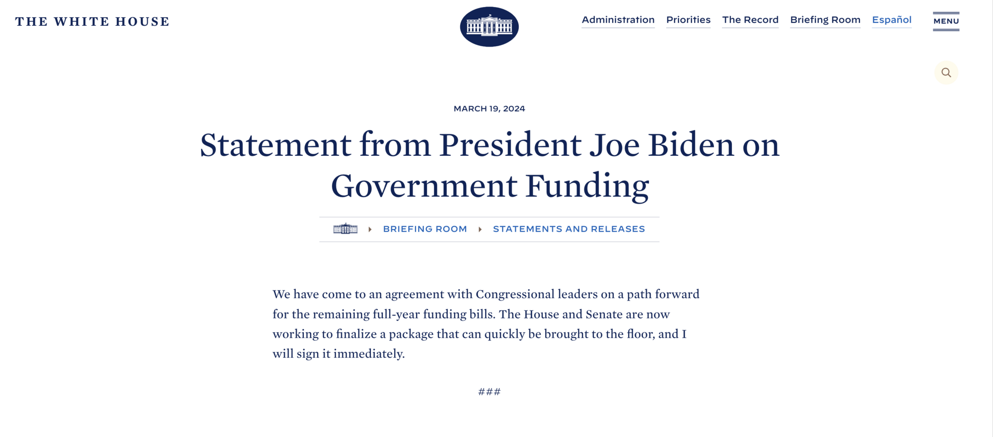 Белый дом и Конгресс пришли к согласию по бюджету США: Байден пообещал быстрое решение