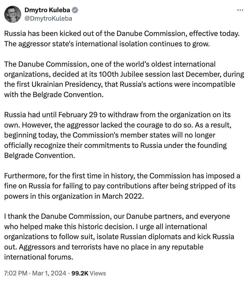 Росію виключили з Дунайської комісії і оштрафували: усі подробиці
