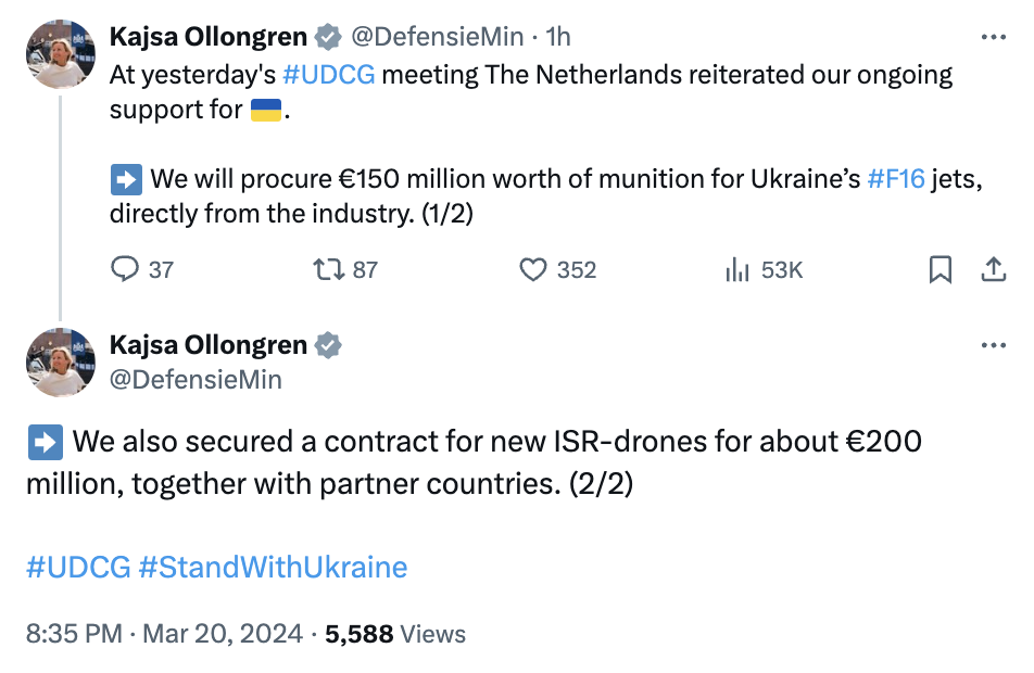 Боєприпаси для F-16 і не лише: Нідерланди виділять Україні військову допомогу на €350 млн
