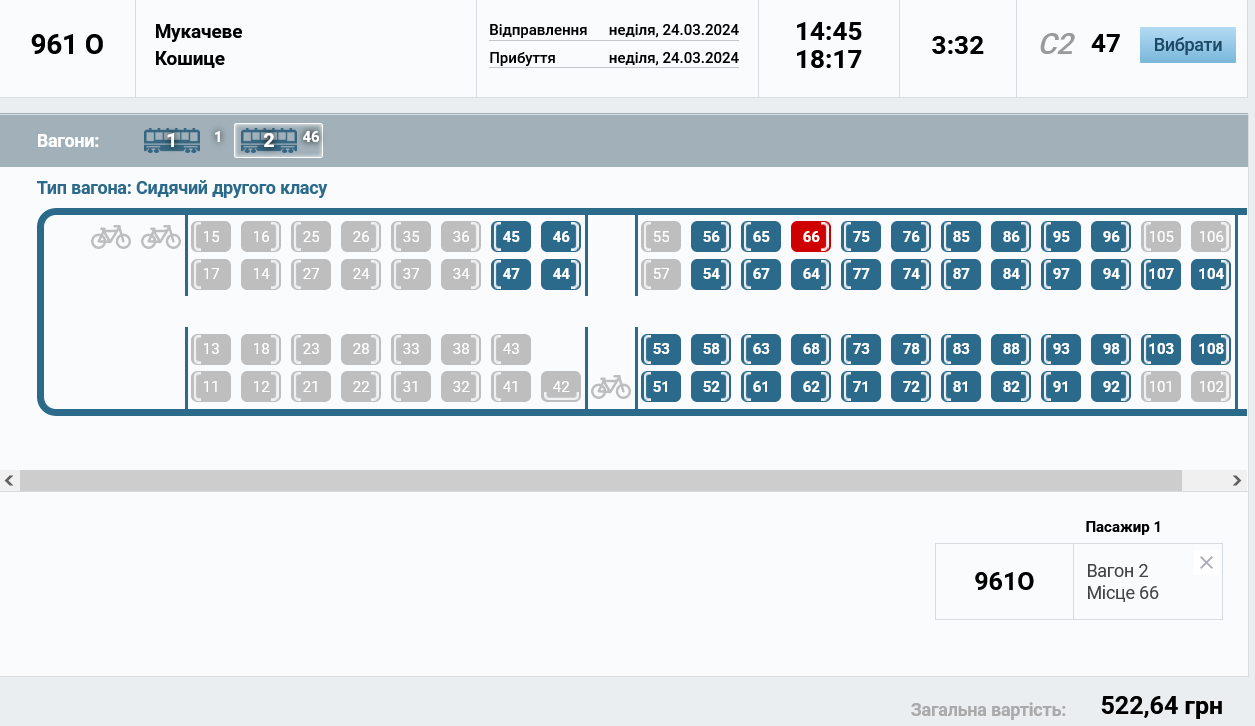На поезд №961 Мукачево – Кошице стоимость билетов составляет 522,64 грн