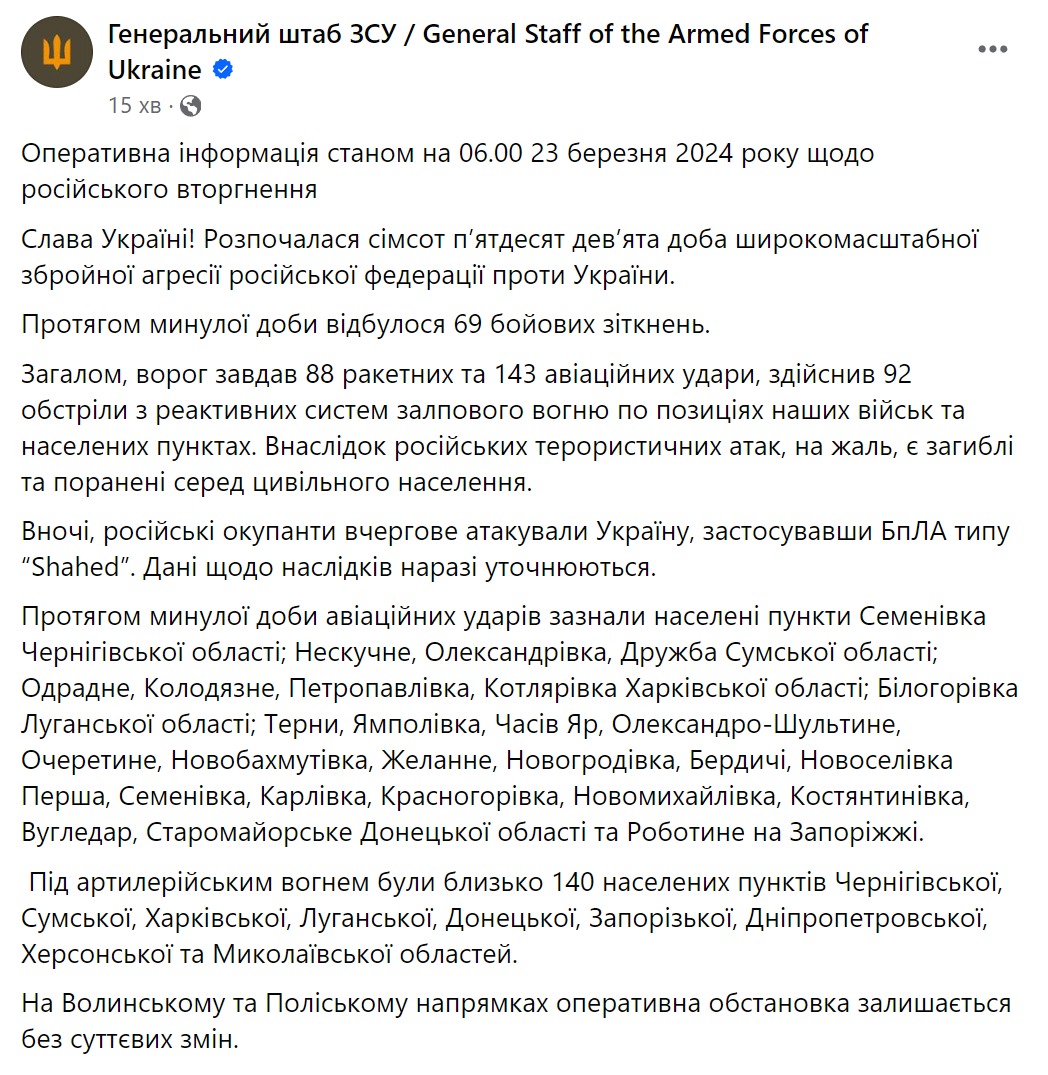 Окупанти намагалися прорвати українську оборону на Новопавлівському напрямку, відбито 28 атак – Генштаб