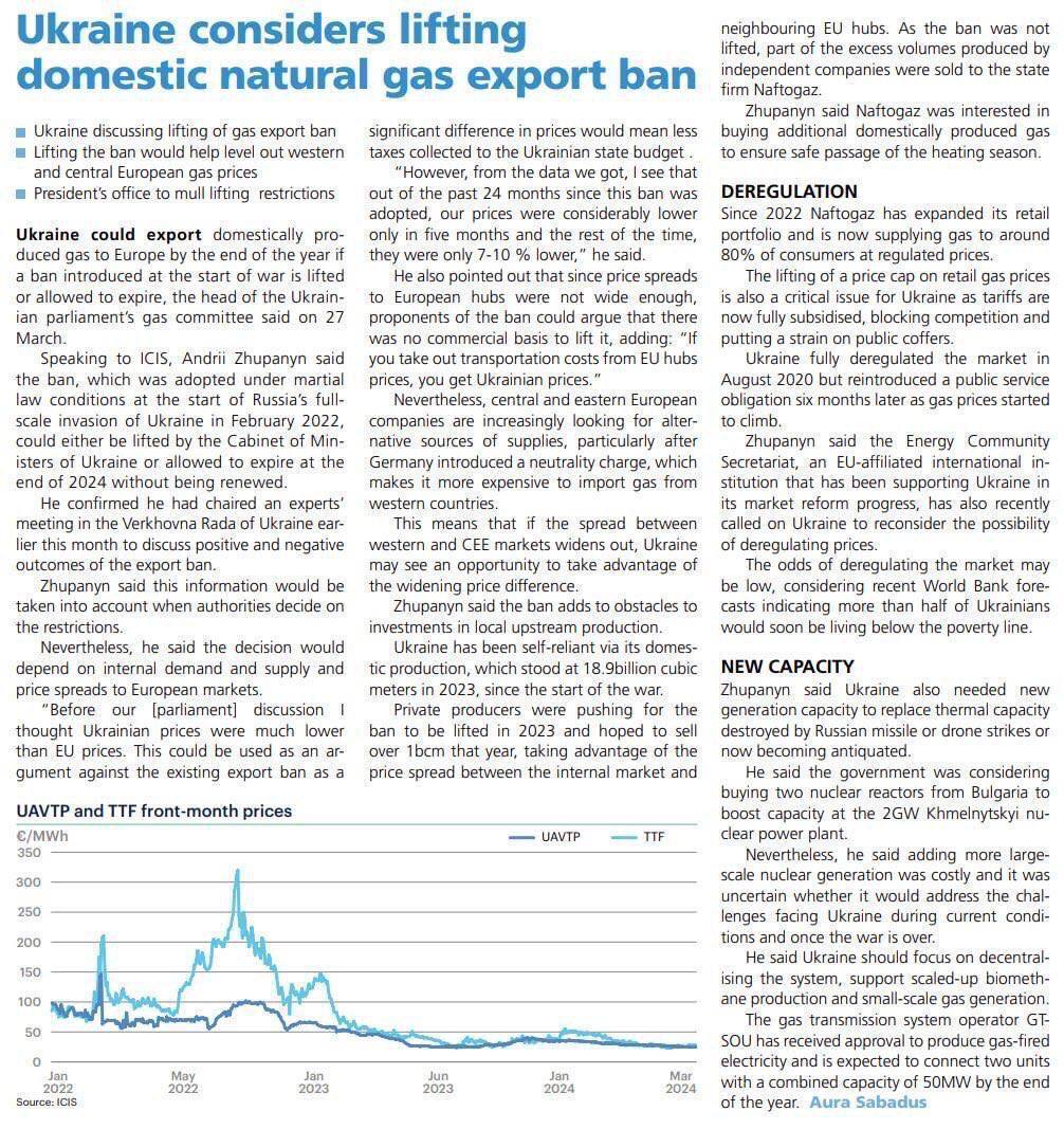 Запрет на экспорт газа создает препятствия для инвестиций в добычу, – Жупанин