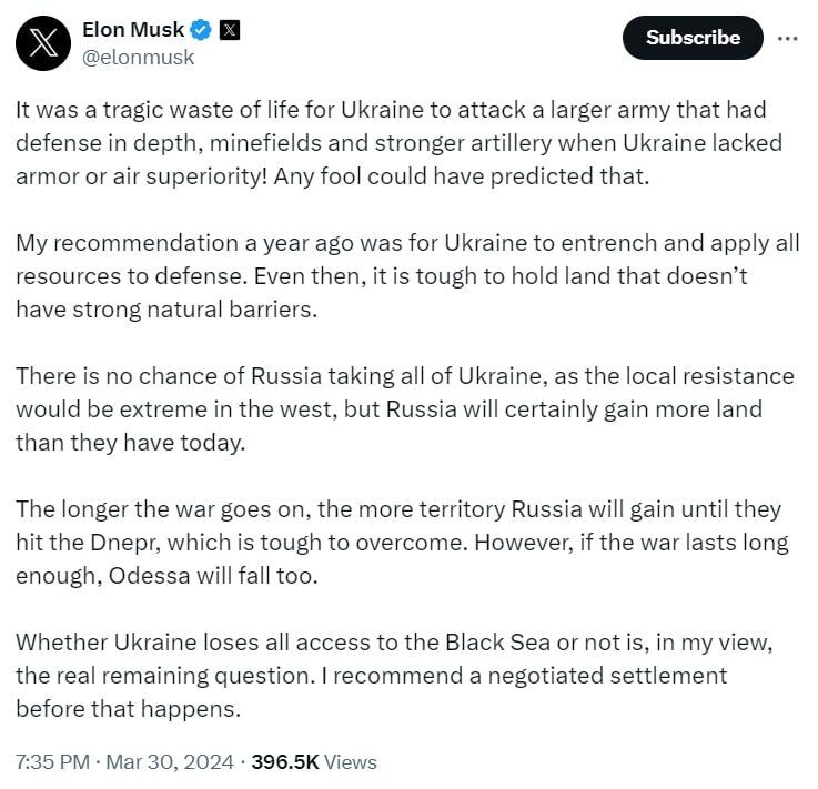 Маск выдал очередную порцию бреда об Украине: посоветовал сосредоточиться на обороне Одессы