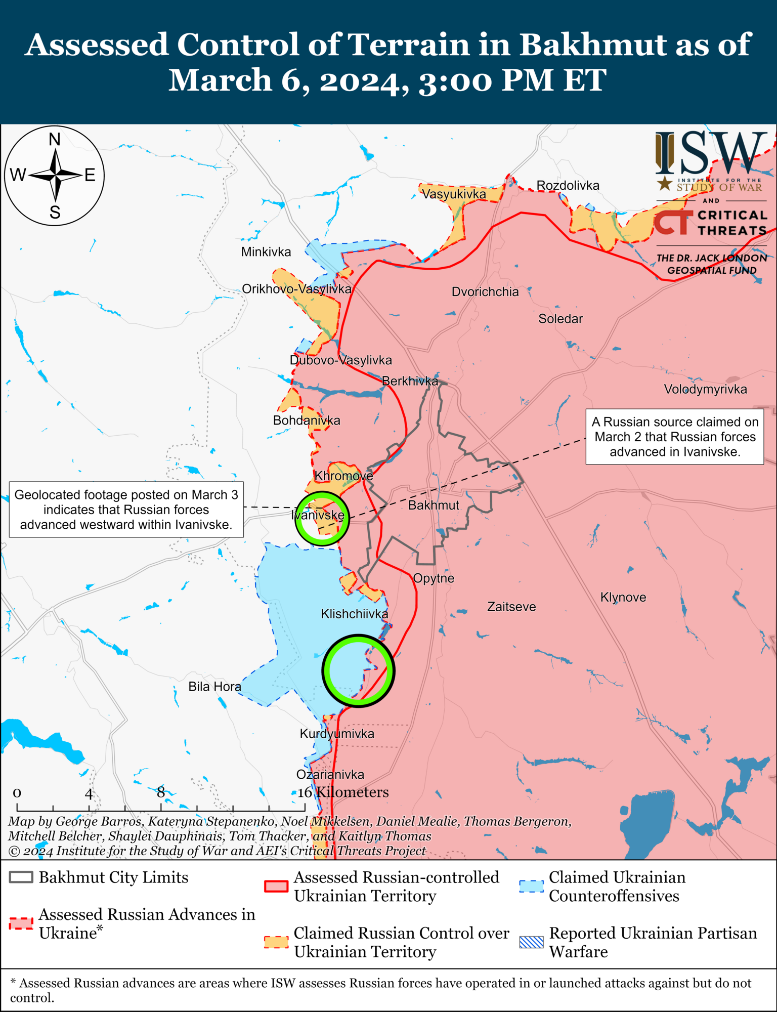 Оккупанты продвинулись в районе Бахмута, возле Авдеевки продолжаются позиционные бои: в ISW оценили ситуацию на фронте. Карта
