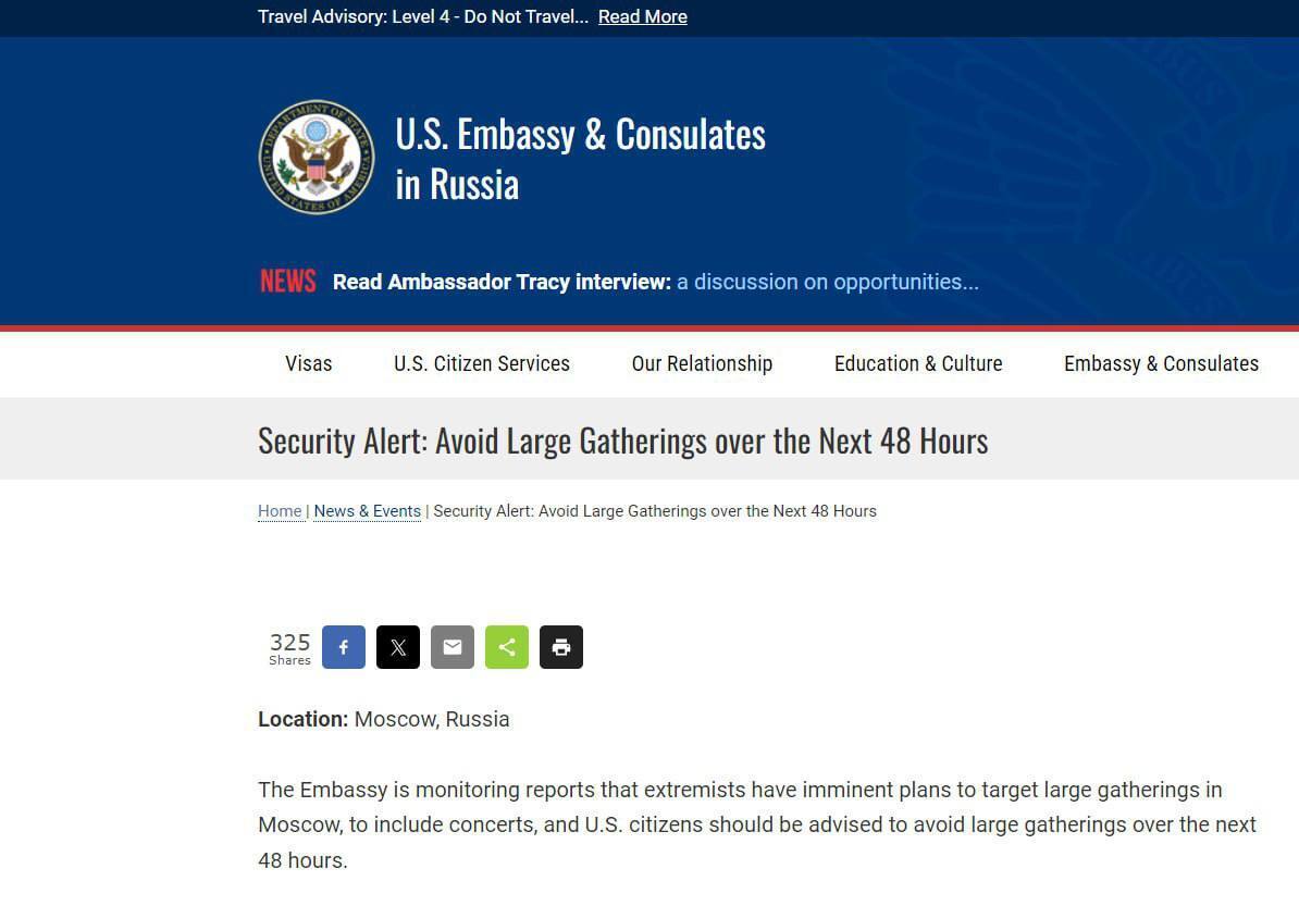 Посольство США предупредило о возможных терактах в Москве в ближайшие двое суток: что происходит