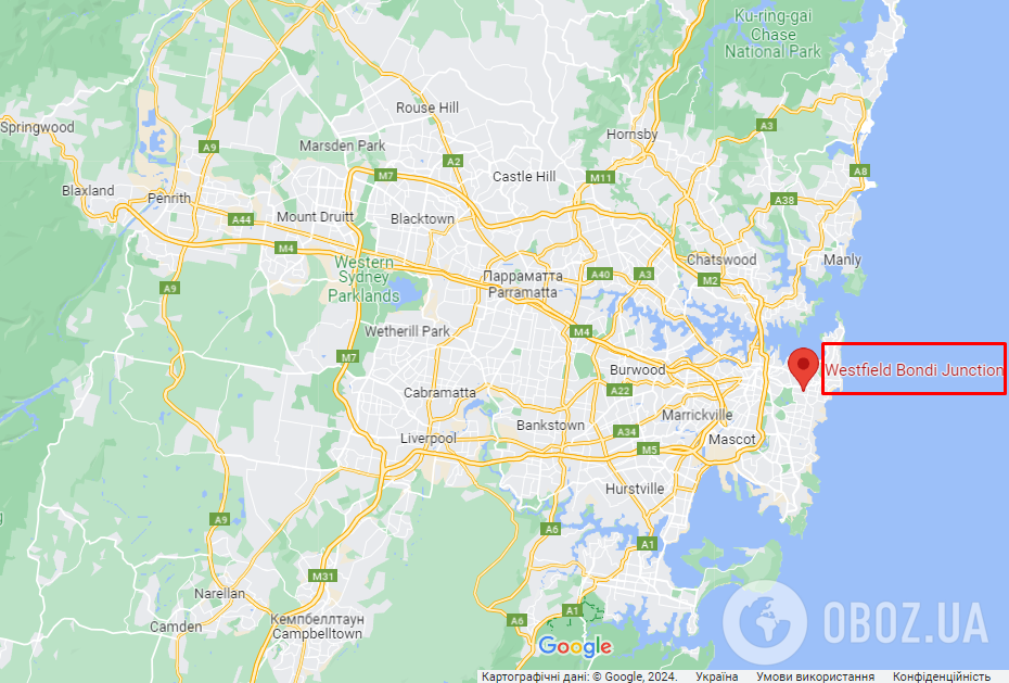 ТЦ Westfield Bondi Junction на карте Сиднея