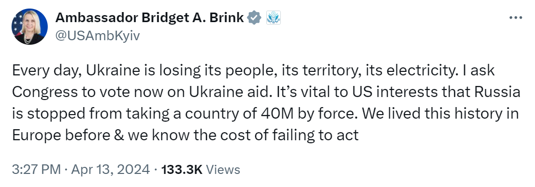 "Ежедневно Украина теряет": Бринк призвала Конгресс США принять пакет помощи Украине