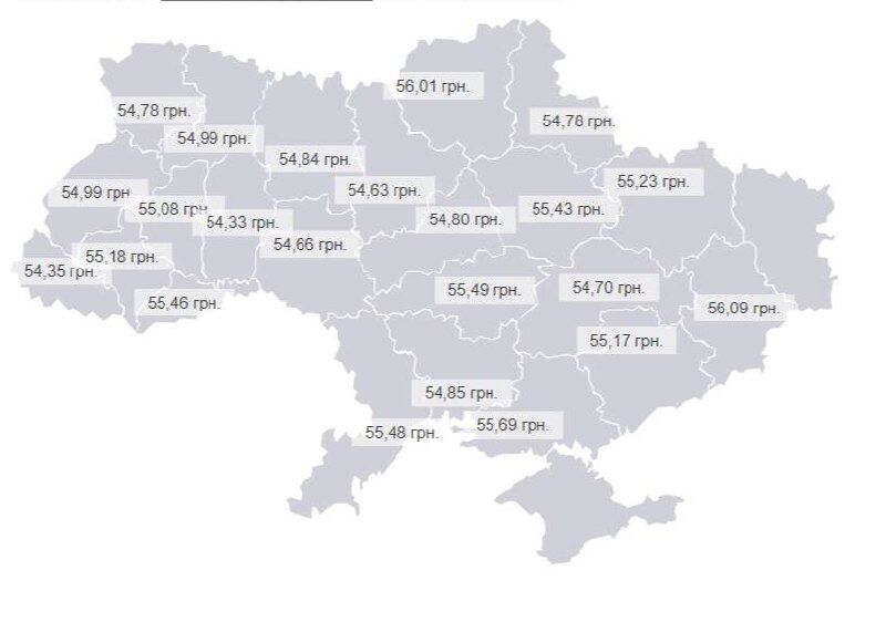 Вартість бензину в різних областях України