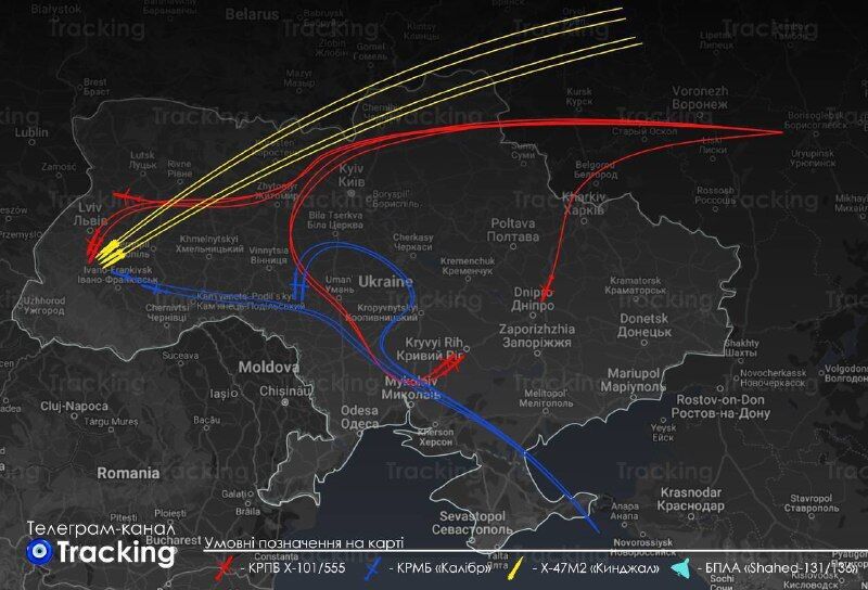 Почти все ракеты двигались по Киеву: в сети показали маршруты ночной ракетной атаки РФ