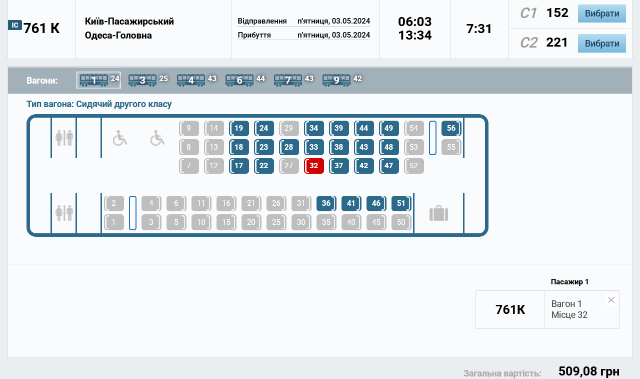 На 3 апреля билеты на рейс из Киева в Одессу продаются в сидячие вагоны 1-го и 2-го класса
