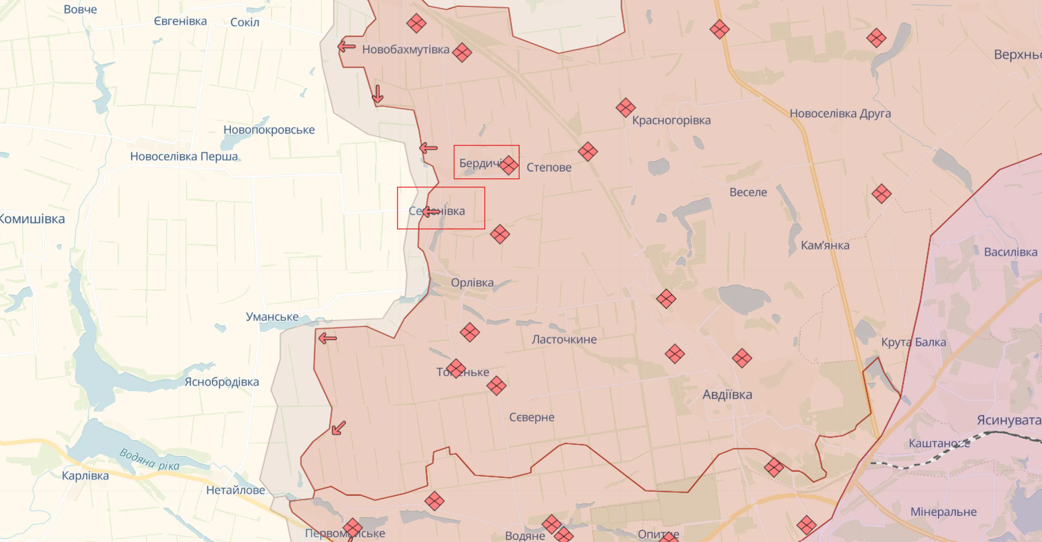 Силы обороны вышли из Бердичей, Семеновки и Новомихайловки Донецкой области. Карта
